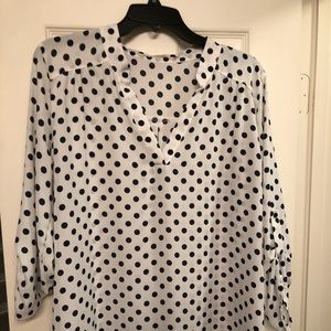 navy and white polka dot tunic